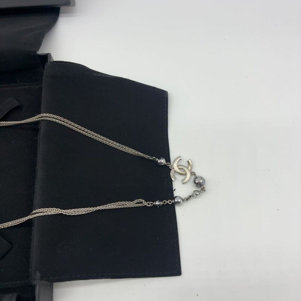 CHANEL Crystal Beaded CC Long Necklace Silver - Picture 2 of 7